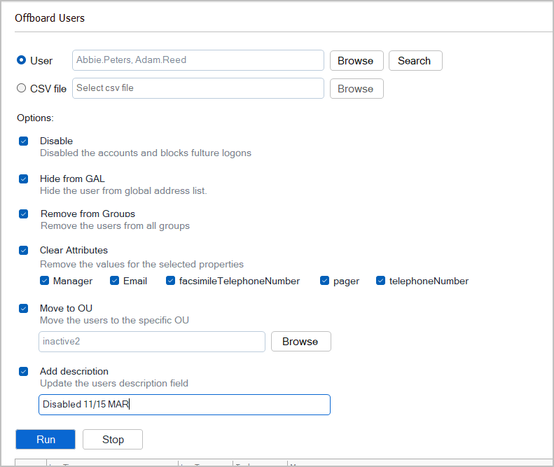 select offboarding options