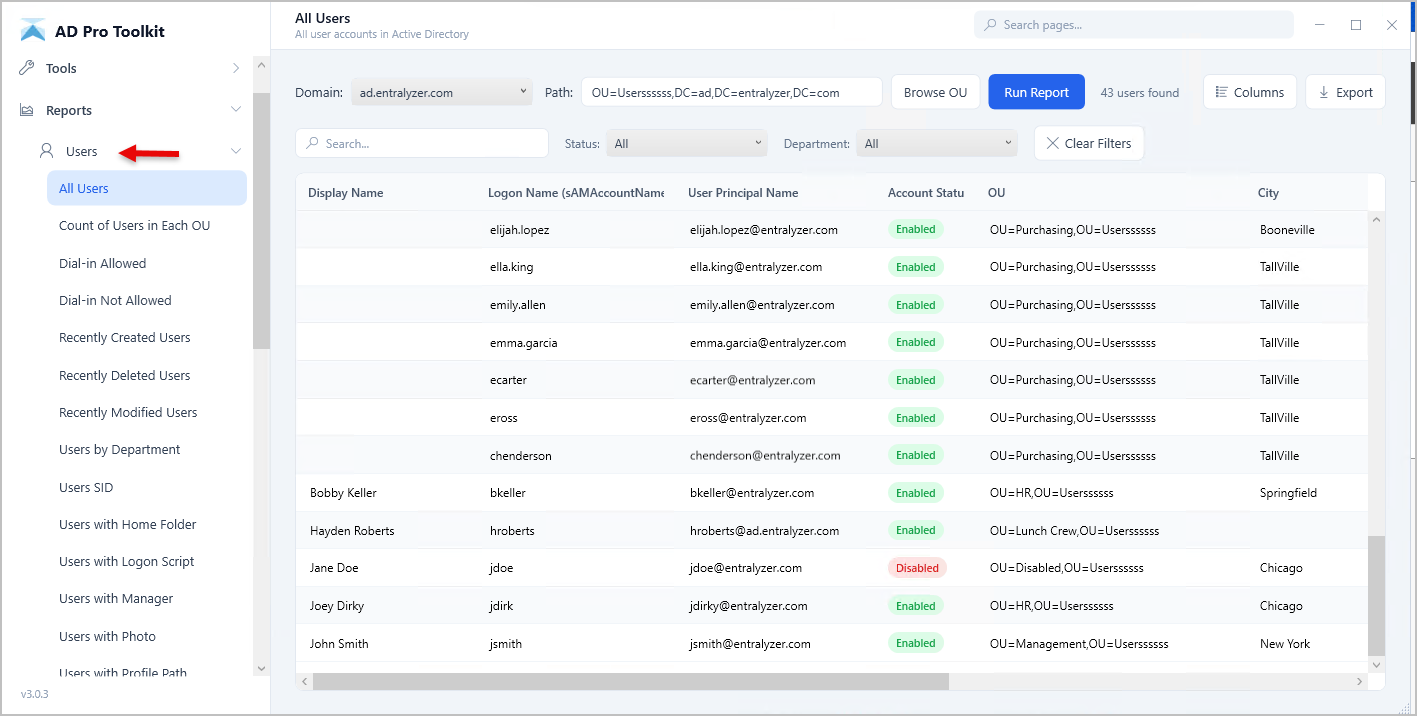 select user reports