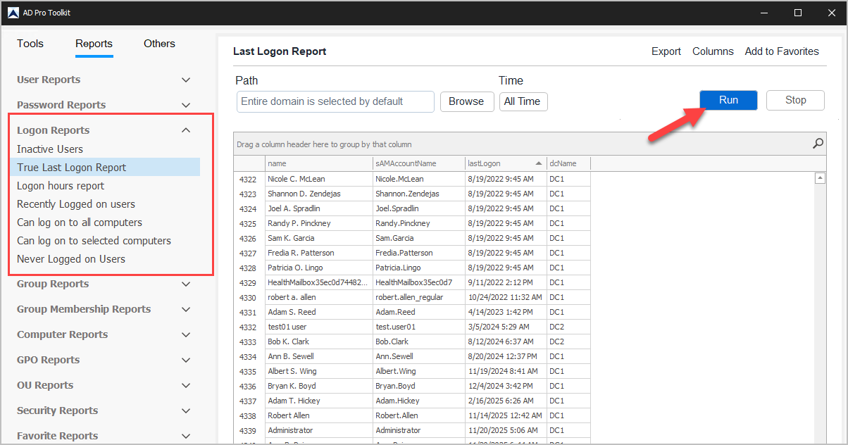 select logon reports