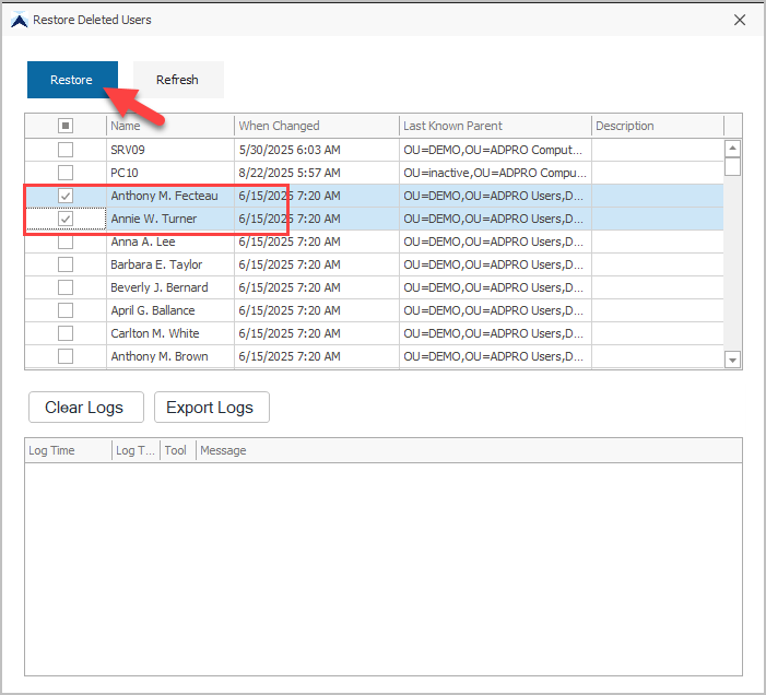 click on restore user